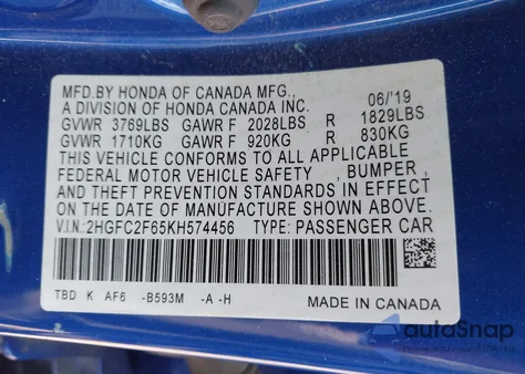 2019 Honda Civic Lx z USA, uszkodzony, nr VIN 2HGFC2F65KH574456